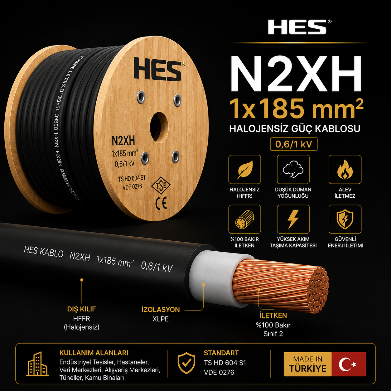 HES N2XH 1x185 mm² Halojensiz Enerji Kablosu 0,6/1 kV XLPE İzoleli Bakır İletken
