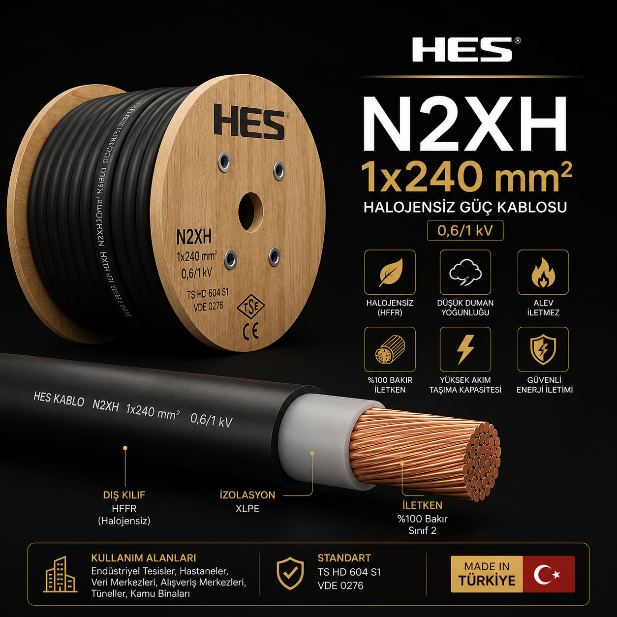 HES N2XH 1x240 mm² Halojensiz XLPE İzoleli Enerji Kablosu 0,6/1 kV %100 Bakır